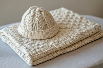 Cozy Cream Knitted Beanie Hat and Blanket Set for a Comfortable Winter Experience in a Soft Neutral Toned Home Environment