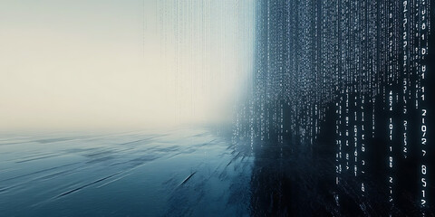 Digital rain over a blue abstract landscape rendering