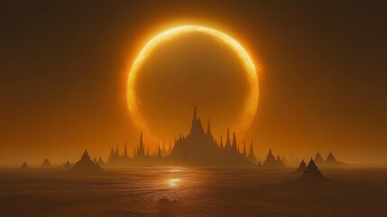 Obraz premium Alien landscape with fiery ringed sun