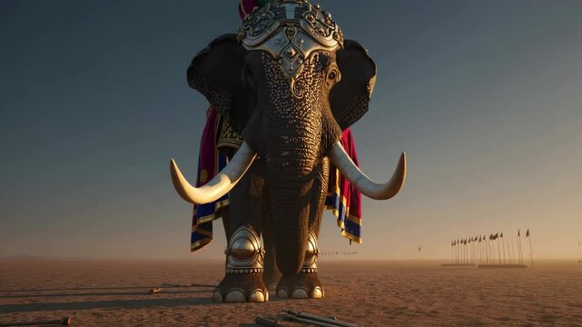 Ancient war elephant adorned with royal armor and tusk guards standing in a historical battlefield at sunset

