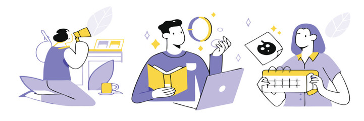 Schedule set. Characters using artificial intelligence generative tools for time management. Scheduling, task performance, calendar organizing concept.