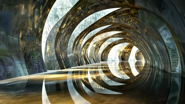 abstract cavern interior with reflective floor and repeating arched structure, fantasy concept