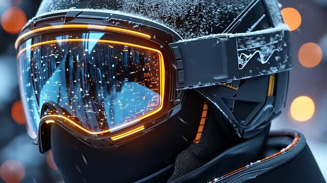 Close-up of a snow sports helmet with goggles, snowflakes falling, blurred lights