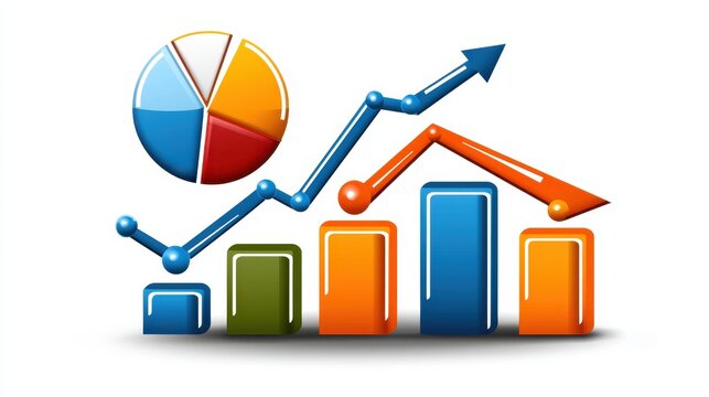 Colorful 3D Bar and Pie Charts Showing Data Growth and Decline
