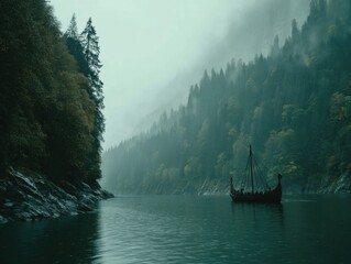 Viking longship sailing on fjord water surrounded by dense forest in misty weather scenic landscape