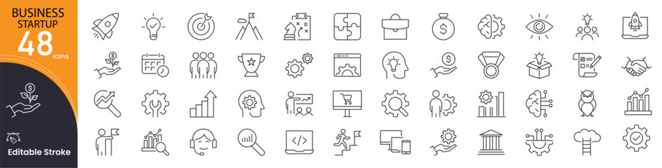 Business startup icon set. Entrepreneurship and new venture related line icons: launch, idea, innovation, funding, team, growth, pitch, planning, strategy, success and more. Editable stroke. 