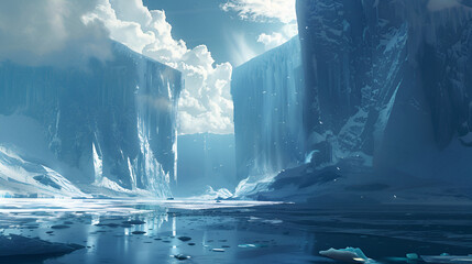 Icy landscape with towering cliffs and reflective water under a cloudy sky on a bright day