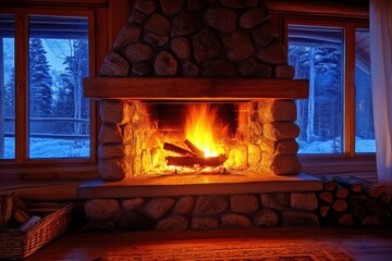 Cozy fireplace with roaring flames surrounded by stone in a rustic cabin, warm glow illuminating the winter landscape outside at twilight.