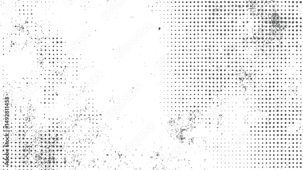 Poster black and white halftone effect with dotted texture. vector abstract overlay with grunge background.