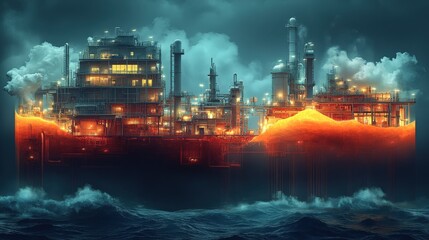 Industrial ship illuminated in the dark ocean scene showcasing intricate details and dramatic lighting