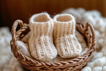 Cozy Hand-Knitted Baby Booties in a Woven Basket on a Soft Background, Perfect for Newborn Photography and Baby Shower Gift Ideas
