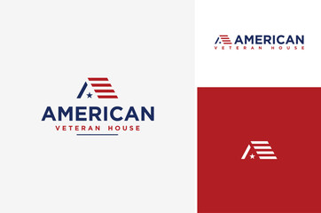 American National USA Flag become A House Roof for Army Military Veteran Home Residential Logo Design