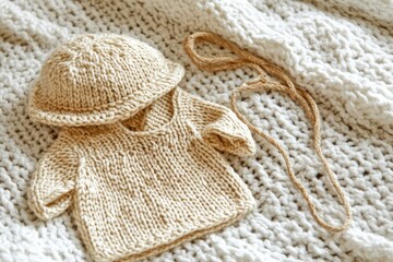 Cozy hand-knitted beige baby outfit with hat and string placed on textured cream blanket, perfect for newborn photography and textile art displays