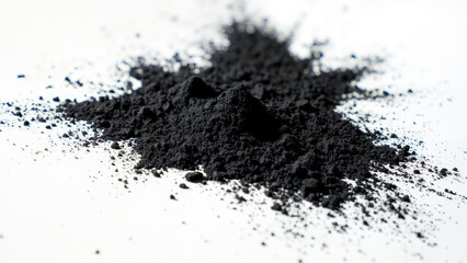 Close up shot of a dark black powder substance scattered on a white surface background