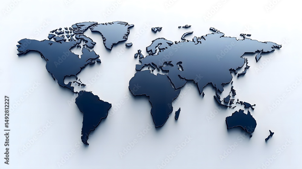 Poster world map illustration featuring continents in modern 3d rendering style on light background