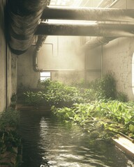Overgrown industrial space with water feature and natural light in a post apocalyptic setting, view from the water level