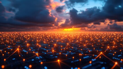 Abstract digital landscape with glowing nodes and sunset skies