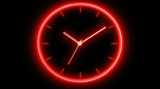 Glowing red clock face with neon rim against black background
