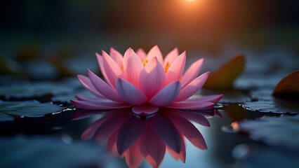 Close-up of a Pink Lotus Flower Reflected in Calm Water at Sunset, with Elegant Petals and Soft Light