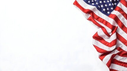 Obraz premium A crumpled American flag draped diagonally across a stark white background, leaving ample copy space