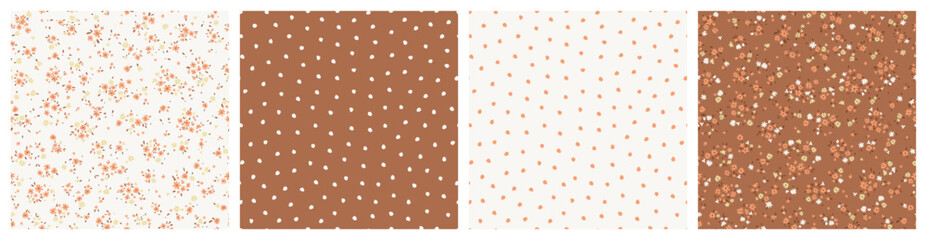 Vector illustrations. Set of 4 Seamless patterns in pastel beige brown tones, tiny flowers and dots. Summer, vacation, fabric design, wrapping paper design