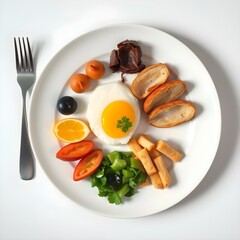 Overhead view of a well-balanced meal arranged artistically on a clean plate