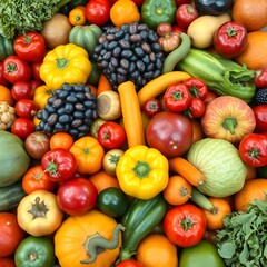 Photo-realistic depiction of a colorful array of fresh fruits and vegetables abundance