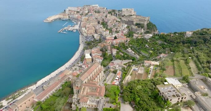 Aerial view of the historic center of the town of Gaeta, overlooking the Mediterranean Sea. It is a famous tourist destination in the province of Latina, Lazio, Italy.