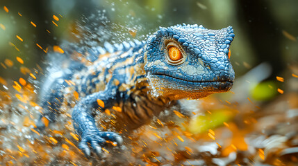 Fototapeta premium Blue and yellow lizard is running through a pile of leaves and debris. The lizard has a fierce look on its face, and its eyes are glowing. The scene is dynamic and energetic