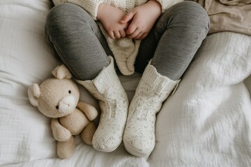 Cozy indoor scene featuring a child sitting on a bed with a teddy bear and warm knitted sweater, showcasing comfort, innocence, and childhood joy during a relaxing moment