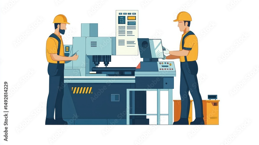 Poster machine operators at work isolated on white background