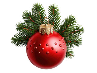 Festive Ornament: A single, vibrant red Christmas ornament rests beside a backdrop of fresh pine, it radiates the festive spirit.