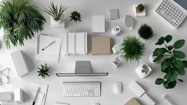 workspace with computer keyboard and potted plants arranged on white table, top-down perspective