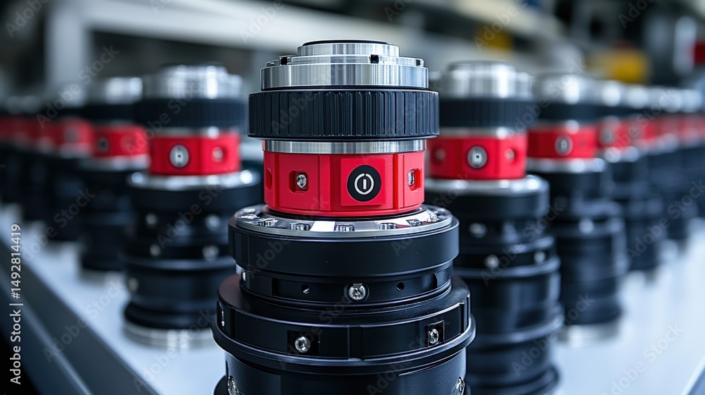 Poster close-up view of precision camera lenses on a production line, showcasing details and quality contro
