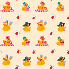 Obraz premium Beach Day Rubber Ducks. Cute Seamless Summer Pattern