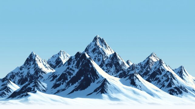 A mountain range with sharp, snow-capped peaks against a clear blue sky
