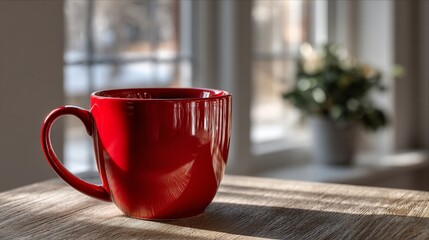 A vibrant red mug sits on a wooden table, bathed in sunlight near a window