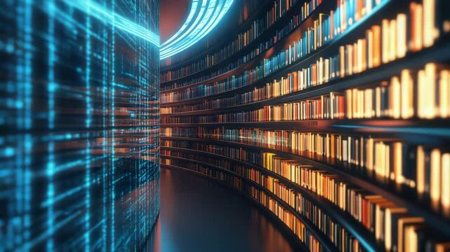 A futuristic library interior with digital data overlay