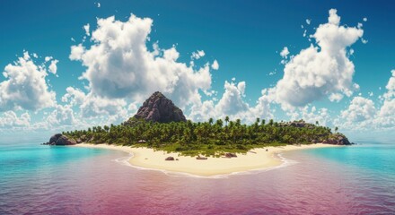 Fototapeta premium Tropical Island Paradise Secluded Beach Palm Trees and Rocky Peak under a Sunny Sky