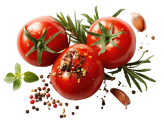 Tomato Temptation: A captivating composition of fresh tomatoes, herbs, and spices artfully arranged, promising a culinary journey of flavor and visual delight.