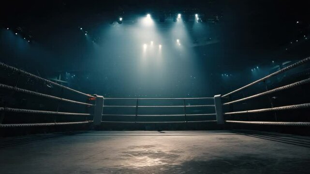 Boxer's Arena: The anticipation builds as a boxing ring stands center stage under dramatic spotlight, ready for the next grand event. A symbol of competition, discipline, and grit.