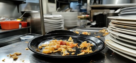 Dirty Dishes and Leftovers in a Restaurant Kitchen