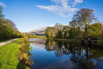 Fototapeta premium Caledonian Canal, Caol Beach and Nevis Range Mountains, Corpach, Fort William, Highland, Scotland, UK