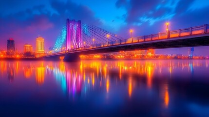 Fototapeta premium Illuminated cable-stay bridge spans a calm river at twilight, city lights reflected in the water, creating a vibrant, colorful cityscape