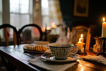 Cozy Indoor Scene with Steam Rising from a Cup of Hot Beverage Surrounded by Candles and Homemade Cookies on a Rustic Wooden Table