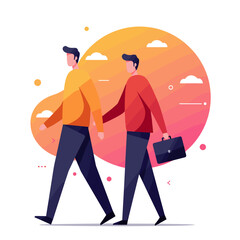 Two men walking together with a briefcase in a colorful background  