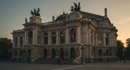 Obraz premium Majestic European Opera House at Dusk Architectural Grandeur Stone Facade Sculptures