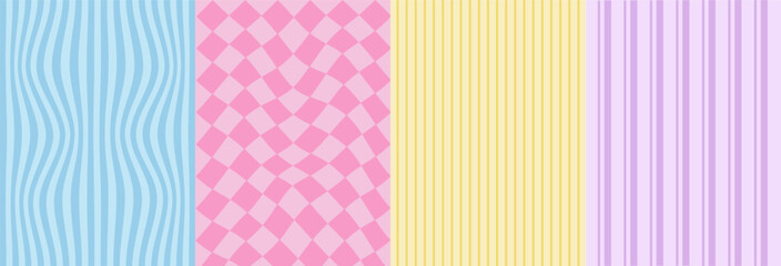 Set of abstract checkered and striped background in flat style. Blue and yellow striped texture in vintage style