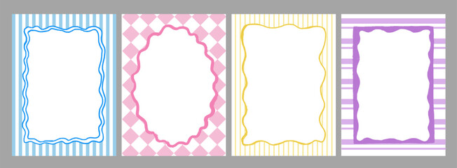Set of spring whimsical hand-drawn pink blue color frames with wavy stripes and line in trendy. Groovy border