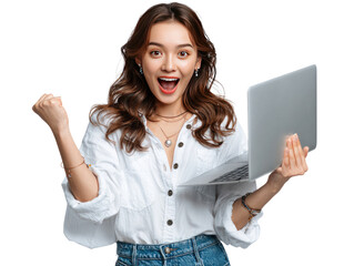Joyful Digital Success: A beautiful woman radiates joy and excitement as she celebrates her digital victory, holding a laptop. Capturing a moment of modern achievement and the power of connection